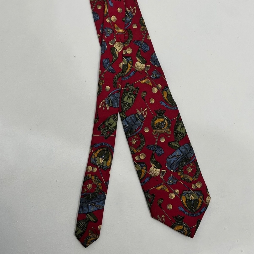Vintage John Comfort Silk Tie Red Golf Theme Made in England 3.5"x57" - Picture 2 of 7